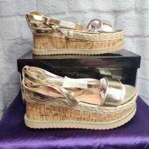 PrettyLittleThing Womens Sandals Espadrille Lace Up Strap Platform Gold Sz 5 36